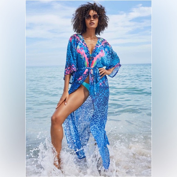 Vibrant Blue and Pink Animal Print Kimono - Picture 1 of 16